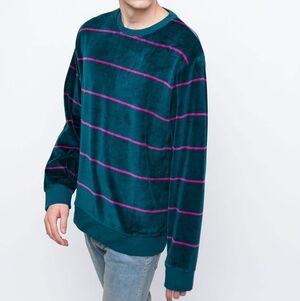 Vintage STUSSY Green Purple Stripe Velour Sweater Crewneck Y2K Medium